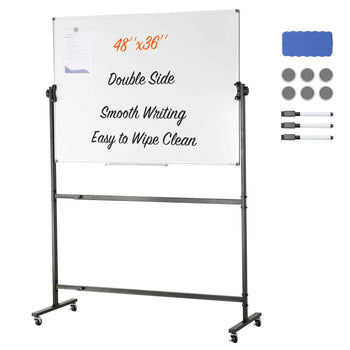 48"x36" double-sided whiteboard, smooth writing, easy clean, with accessories, black frame, mobile design.