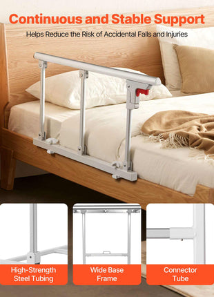 Foldable Bed Rail for Elderly, 28 in Bedside Assist Rail with Fixing Strap, Adjustable Height Pipe Bedside Cane, High-Strength Metal Senior Bed Bar, Hand Guard Grab Fits King, Queen, Full, Twin