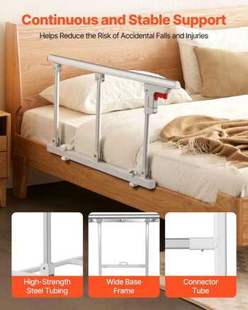 Foldable Bed Rail for Elderly, 28 in Bedside Assist Rail with Fixing Strap, Adjustable Height Pipe Bedside Cane, High-Strength Metal Senior Bed Bar, Hand Guard Grab Fits King, Queen, Full, Twin