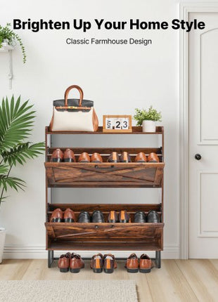 Shoe Cabinet with 2 Flip Drawers, Farmhouse Shoes Storage Cabinet with Metal Legs and Anti-Tipping Device, Freestanding Shoe Organizer Ideal for Entryway, Hallway, Bedroom, Living Room, Brown