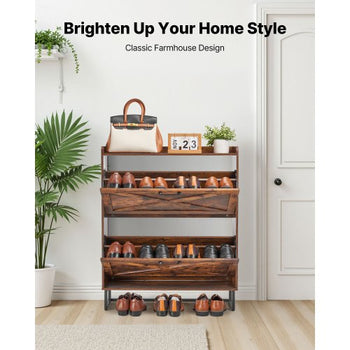 Shoe Cabinet with 2 Flip Drawers, Farmhouse Shoes Storage Cabinet with Metal Legs and Anti-Tipping Device, Freestanding Shoe Organizer Ideal for Entryway, Hallway, Bedroom, Living Room, Brown