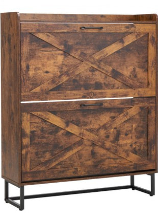 Shoe Cabinet with 2 Flip Drawers, Farmhouse Shoes Storage Cabinet with Metal Legs and Anti-Tipping Device, Freestanding Shoe Organizer Ideal for Entryway, Hallway, Bedroom, Living Room, Brown