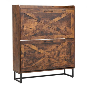 Shoe Cabinet with 2 Flip Drawers, Farmhouse Shoes Storage Cabinet with Metal Legs and Anti-Tipping Device, Freestanding Shoe Organizer Ideal for Entryway, Hallway, Bedroom, Living Room, Brown