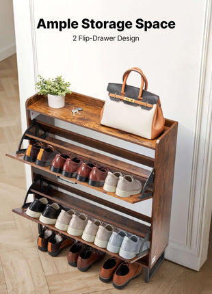 Shoe Cabinet with 2 Flip Drawers, Farmhouse Shoes Storage Cabinet with Metal Legs and Anti-Tipping Device, Freestanding Shoe Organizer Ideal for Entryway, Hallway, Bedroom, Living Room, Brown