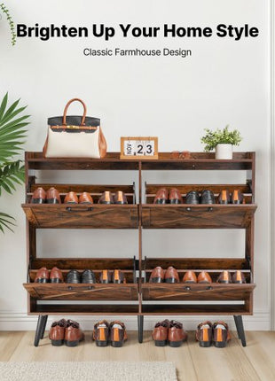 Shoe Cabinet with 4 Flip Drawers, Farmhouse Shoes Storage Cabinet with Wood Legs and Anti-Tipping Device, Freestanding Shoe Organizer Ideal for Entryway, Hallway, Bedroom, Living Room, Brown