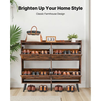 Shoe Cabinet with 4 Flip Drawers, Farmhouse Shoes Storage Cabinet with Wood Legs and Anti-Tipping Device, Freestanding Shoe Organizer Ideal for Entryway, Hallway, Bedroom, Living Room, Brown