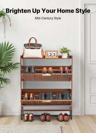 Shoe Cabinet with 2 Flip Drawers, Mid-Century Shoes Storage Cabinet with Anti-Tipping Device, Freestanding Fluted Shoe Organizer, Ideal for Entrance, Hallway, Bedroom, Living Room, Walnut