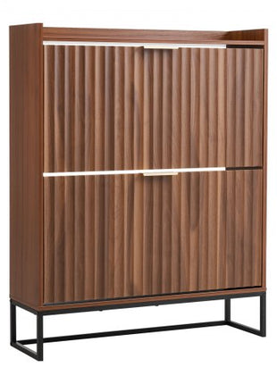 Shoe Cabinet with 2 Flip Drawers, Mid-Century Shoes Storage Cabinet with Anti-Tipping Device, Freestanding Fluted Shoe Organizer, Ideal for Entrance, Hallway, Bedroom, Living Room, Walnut