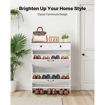 Shoe Cabinet with 2 Flip Drawers, Farmhouse Shoes Storage Cabinet with 2 Drawers and Anti-Tipping Device, Freestanding Shoe Organizer Ideal for Entryway, Hallway, Bedroom, Living Room, White