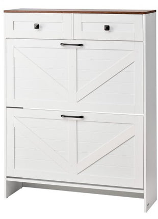Shoe Cabinet with 2 Flip Drawers, Farmhouse Shoes Storage Cabinet with 2 Drawers and Anti-Tipping Device, Freestanding Shoe Organizer Ideal for Entryway, Hallway, Bedroom, Living Room, White