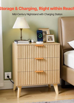 Fluted Nightstand with Charging Station, with 3 Drawers, Dresser for Bedroom, Mid Century Modern End Table, Bedside Storage Cabinet Side Table Chest of Dresser, for Bedroom, Living Room, Khaki