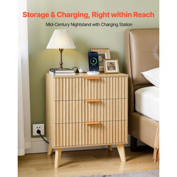 Fluted Nightstand with Charging Station, with 3 Drawers, Dresser for Bedroom, Mid Century Modern End Table, Bedside Storage Cabinet Side Table Chest of Dresser, for Bedroom, Living Room, Khaki