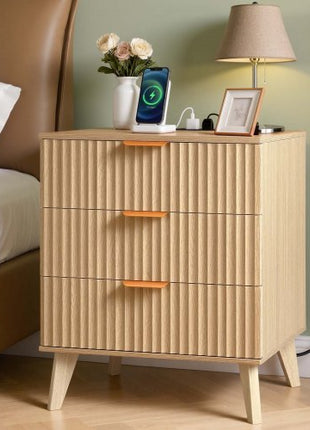 Fluted Nightstand with Charging Station, with 3 Drawers, Dresser for Bedroom, Mid Century Modern End Table, Bedside Storage Cabinet Side Table Chest of Dresser, for Bedroom, Living Room, Khaki