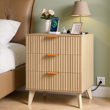 Fluted Nightstand with Charging Station, with 3 Drawers, Dresser for Bedroom, Mid Century Modern End Table, Bedside Storage Cabinet Side Table Chest of Dresser, for Bedroom, Living Room, Khaki