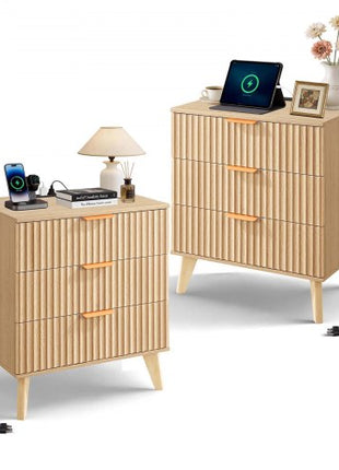 Fluted Nightstands with Charging Station, Set of 2, Dresser for Bedroom with 3 Drawers, Mid Century Modern End Table, Bedside Cabinet Side Table Chest of Dresser, for Bedroom, Living Room, Khaki
