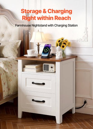 Farmhouse Nightstands, with Charging Station, Set of 2, End Tables with 2 Drawers and Open Shelf, Bedside Storage Cabinets, Rustic Side Tables with USB Port, for Bedroom, Living Room, White