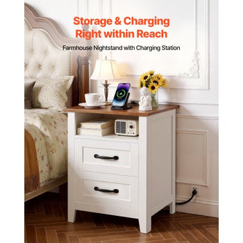 Farmhouse Nightstands, with Charging Station, Set of 2, End Tables with 2 Drawers and Open Shelf, Bedside Storage Cabinets, Rustic Side Tables with USB Port, for Bedroom, Living Room, White