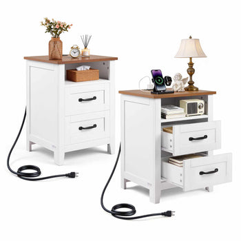 Farmhouse Nightstands, with Charging Station, Set of 2, End Tables with 2 Drawers and Open Shelf, Bedside Storage Cabinets, Rustic Side Tables with USB Port, for Bedroom, Living Room, White