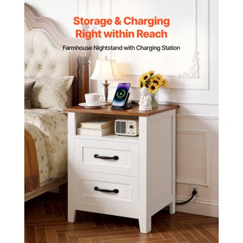 Farmhouse Nightstand, with Charging Station, End Table with 2 Drawers and Open Shelf, Bedside Storage Cabinet, Rustic Side Table with USB Port and AC Outlets, for Bedroom, Living Room, White