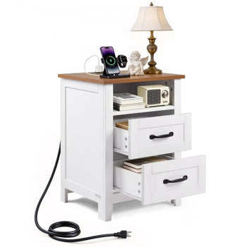 Farmhouse Nightstand, with Charging Station, End Table with 2 Drawers and Open Shelf, Bedside Storage Cabinet, Rustic Side Table with USB Port and AC Outlets, for Bedroom, Living Room, White