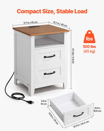 Farmhouse Nightstand, with Charging Station, End Table with 2 Drawers and Open Shelf, Bedside Storage Cabinet, Rustic Side Table with USB Port and AC Outlets, for Bedroom, Living Room, White