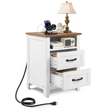 Farmhouse Nightstand, with Charging Station, End Table with 2 Drawers and Open Shelf, Bedside Storage Cabinet, Rustic Side Table with USB Port and AC Outlets, for Bedroom, Living Room, White