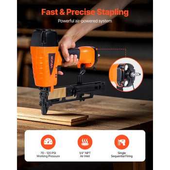 Pneumatic Staple Gun, 16 Gauge 7/16-inch Medium Crown Pneumatic Stapler 1" to 2" Length, 70-120PSI Heavy Duty Air-Powered Staple Gun for Roof Decking, Wall Sheathing, Fencing and Subflooring
