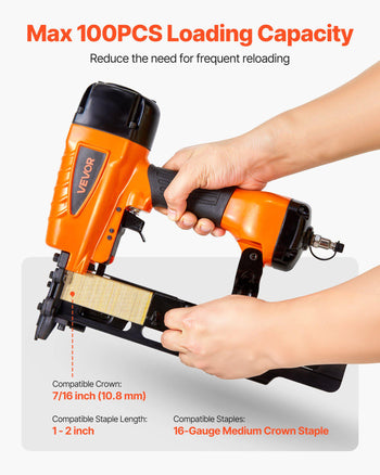 Pneumatic Staple Gun, 16 Gauge 7/16-inch Medium Crown Pneumatic Stapler 1" to 2" Length, 70-120PSI Heavy Duty Air-Powered Staple Gun for Roof Decking, Wall Sheathing, Fencing and Subflooring