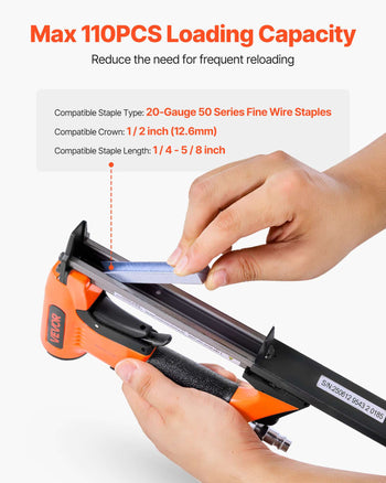 Pneumatic Staple Gun, 20 Gauge Air Upholstery Stapler for 50 Series Fine Wire Staples 1/2" Crown 1/4"-5/8" Length, Max 110PCS Loading Air Staple Gun for Upholstering, Woodworking, DIY Projects