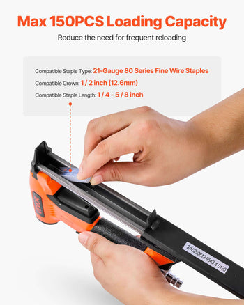 Pneumatic Staple Gun, 21 Gauge Air Upholstery Stapler for 80 Series Fine Wire Staples 1/2" Crown 1/4"-5/8" Length, Max 150PCS Loading Air Staple Gun for Upholstering, Woodworking, DIY Projects