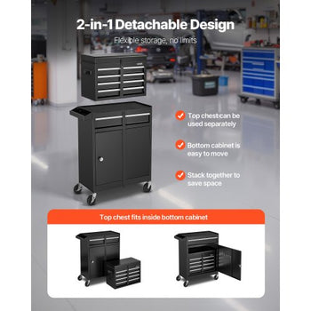 Rolling Tool Chest, 2-in-1 Design, 5 Drawers Tool Cabinet Organizer with Detachable Top Metal Toolbox, Lock Bar, Protective Liner, and Tools Rack, Garage Storage Cabinet for Warehouse, Workshop