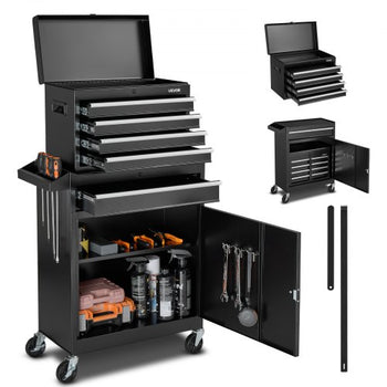 Rolling Tool Chest, 2-in-1 Design, 5 Drawers Tool Cabinet Organizer with Detachable Top Metal Toolbox, Lock Bar, Protective Liner, and Tools Rack, Garage Storage Cabinet for Warehouse, Workshop