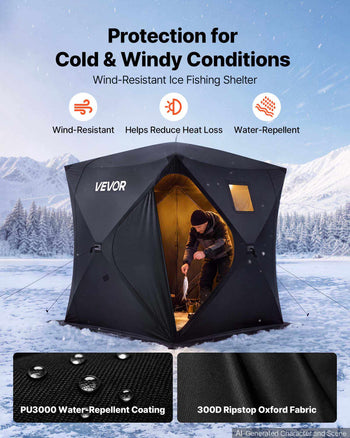 Pop Up Ice Fishing Tent 1-2 Person 59 x 59 x 65 in Portable Shelter, for Winter Fishing, 24 sq ft Area, 300D Oxford Fabric Hub-Style Shanty, Ice Cube with Anchors, Ropes, Carrying Bag, Black