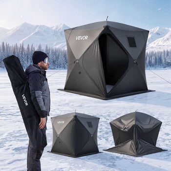 Pop Up Ice Fishing Tent 3-4 Person 71 x 71 x 79 in Portable Shelter, for Winter Fishing, 34 sq ft Area, 300D Oxford Fabric Hub-Style Shanty, Ice Cube with Anchors, Ropes, Carrying Bag, Black