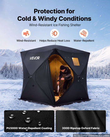 Pop Up Ice Fishing Tent 3-4 Person 90 x 90 x 77 in Portable Shelter, for Winter Fishing, 58 sq ft Area, 300D Oxford Fabric Hub-Style Shanty, Ice Cube with Anchors, Ropes, Carrying Bag, Black