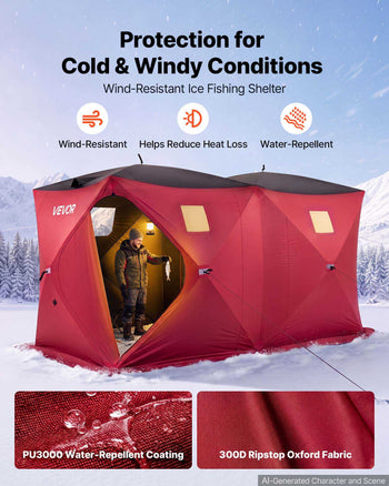 Pop Up Ice Fishing Tent 6-8 Person 142 x 71 x 79 in Portable Shelter, for Winter Fishing, 67 sq ft Area, 300D Oxford Fabric Hub-Style Shanty, Ice Cube with Anchors, Ropes, Carry Bag, Red/Black
