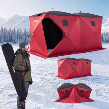 Pop Up Ice Fishing Tent 6-8 Person 142 x 71 x 79 in Portable Shelter, for Winter Fishing, 67 sq ft Area, 300D Oxford Fabric Hub-Style Shanty, Ice Cube with Anchors, Ropes, Carry Bag, Red/Black