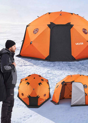Pop Up Ice Fishing Tent 8-10 Person 158x169x92 in Insulated Shelter, for Winter Fishing, 153 sq ft Area, 600D 4-Layer Fabric, Portable Hub-Style Shanty Cube with Anchors, Ropes, Carrying Bag