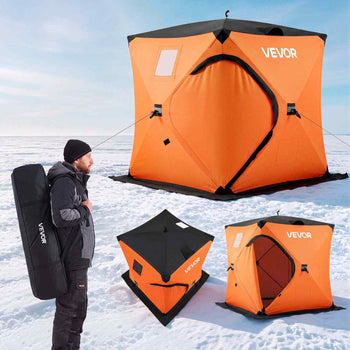 Pop Up Ice Fishing Tent 1-2 Person 60 x 60 x 69 in Insulated Shelter, for Winter Fishing, 25 sq ft Area, 600D 4-Layer Fabric, Portable Hub-Style Shanty Cube with Anchors, Ropes, Carrying Bag