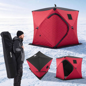 Pop Up Ice Fishing Tent 3-4 Person 71 x 71 x 79 in Insulated Shelter, for Winter Fishing, 34 sq ft Area, 600D 4-Layer Fabric, Portable Hub-Style Shanty Cube with Anchors, Ropes, Carry Bag, Red