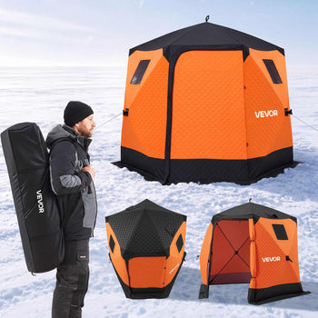 Pop Up Ice Fishing Tent 4-6 Person 96 x 96 x 85 in Insulated Shelter, for Winter Fishing, 40 sq ft Area, 600D 4-Layer Fabric, Portable Hub-Style Shanty Cube with Anchors, Ropes, Carrying Bag