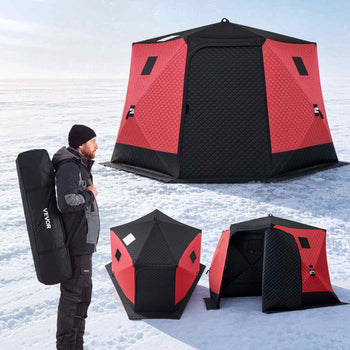 Pop Up Ice Fishing Tent 6-8 Person 130x130x79 in Insulated Shelter, for Winter Fishing, 73 sq ft Area, 600D 4-Layer Fabric, Portable Hub-Style Shanty Cube with Anchors, Ropes, Carry Bag, Red