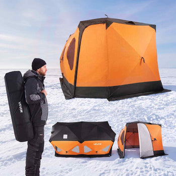 Pop Up Ice Fishing Tent 8-10 Person 162x91x91 in Insulated Shelter, for Winter Fishing, 115 sq ft Area, 600D 4-Layer Fabric, Portable Hub-Style Shanty Cube with Anchors, Ropes, Carrying Bag