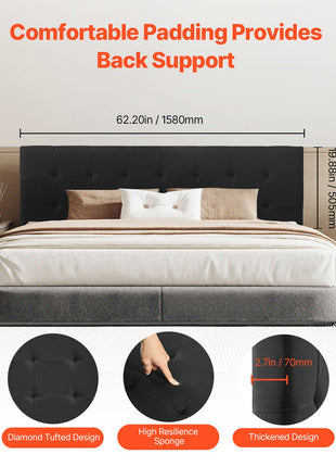 Headboard, Queen Size Headboard with Adjustable Height, Comfortable Diamond Tufted for Queen Size Bed, W62.2 x H(42.72-54.53) x D2.76 in, Ideal for Bedroom, Hotel, Homestay, Dormitory, Black