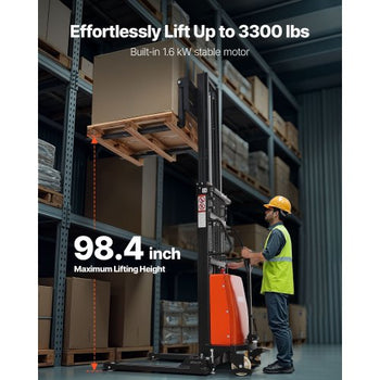 Semi Electric Pallet Stacker, 3300 lbs Load Capacity, Pallet Lift Stacker Forklift with Straddle Legs, 96.06 Inches Lifting Height & 8.3-33.86 Inches Adjustable Fork Width, Orange & Black