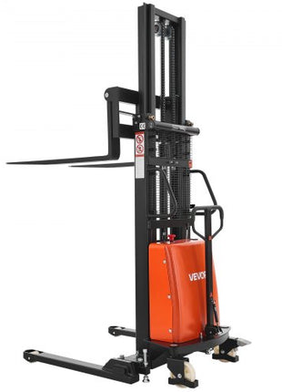 Semi Electric Pallet Stacker, 3300 lbs Load Capacity, Pallet Lift Stacker Forklift with Straddle Legs, 96.06 Inches Lifting Height & 8.3-33.86 Inches Adjustable Fork Width, Orange & Black