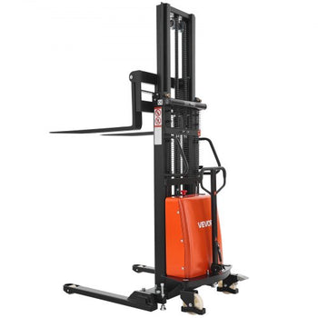 Semi Electric Pallet Stacker, 3300 lbs Load Capacity, Pallet Lift Stacker Forklift with Straddle Legs, 96.06 Inches Lifting Height & 8.3-33.86 Inches Adjustable Fork Width, Orange & Black