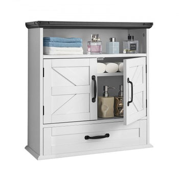 Bathroom Wall Cabinet, 2 Doors & Adjustable Shelf, Over the Toilet Storage Medicine Cabinet Wall Mounted, Hanging Organizer with Drawer & Open Partition for Laundry Room Kitchen Restroom, White