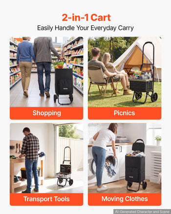 Shopping Cart with Wheels Foldable Trolley Dolly for Groceries Black, 2-in-1 Rolling Utility Cart with Detachable Bag, Soft Foam Handle, Storage Compartments, Compact for Market Laundry Camping
