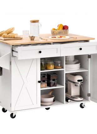 Kitchen Island Cart, with Solid Wood Top and Storage Cabinet, Mobile Rolling Table with Drop Leaf, Drawers, Spice Towel Rack, Portable Islands on Swivel Wheels for Dining Room, 52in Width, White